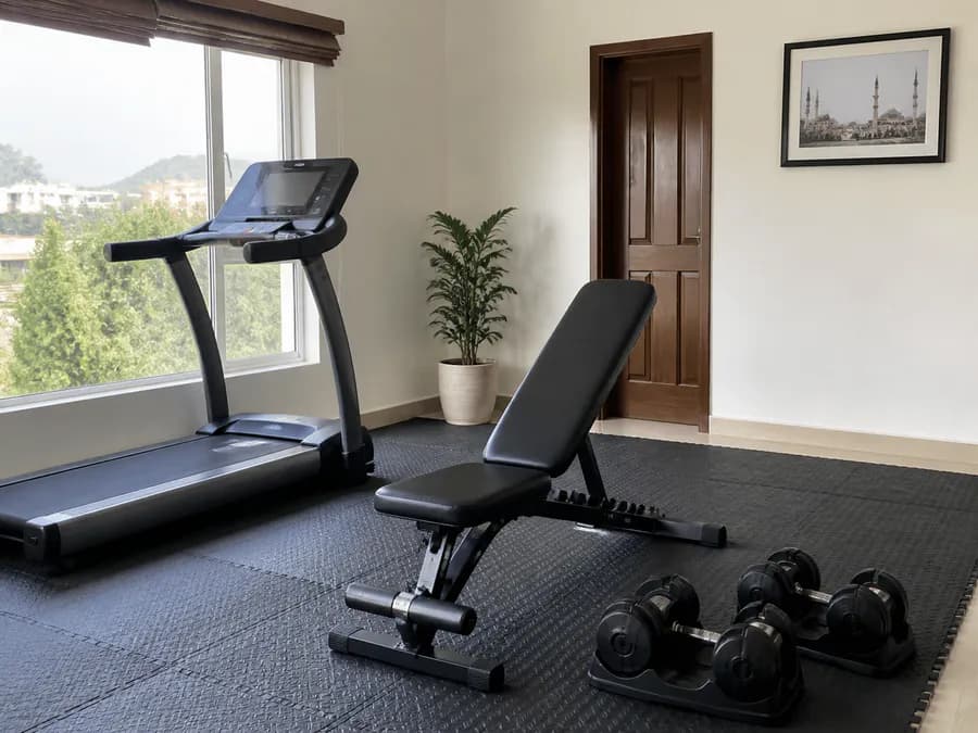 Treadmill, weight bench and dumbbells
