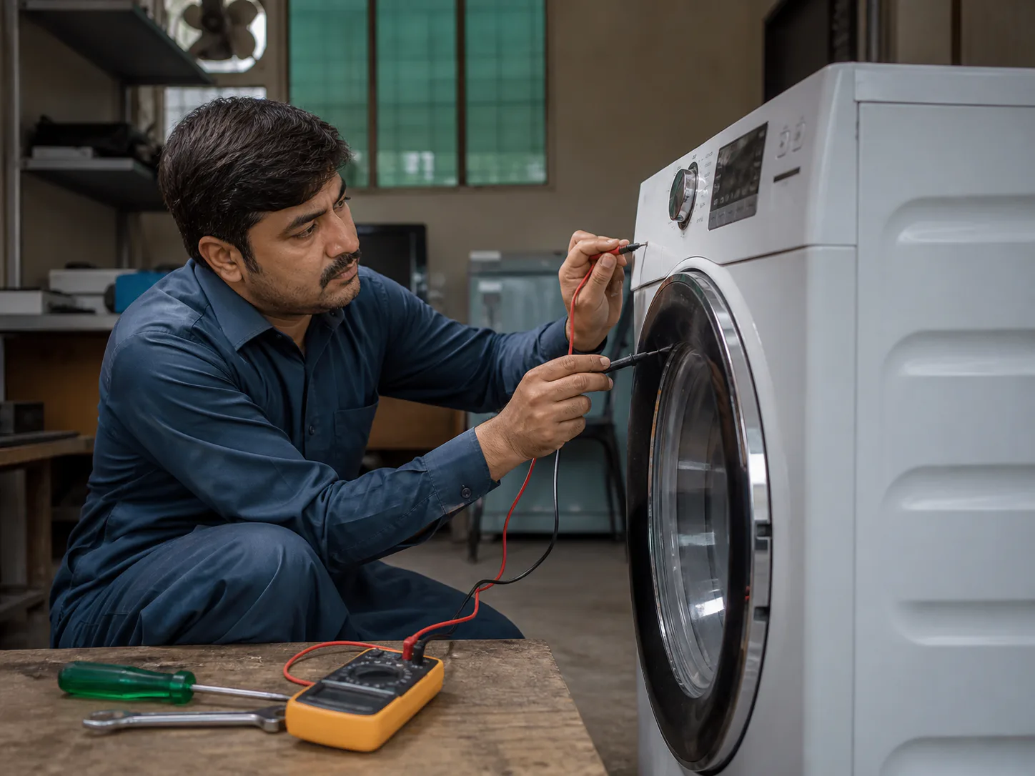 A technician testing a used washing machine before it is offered for sale