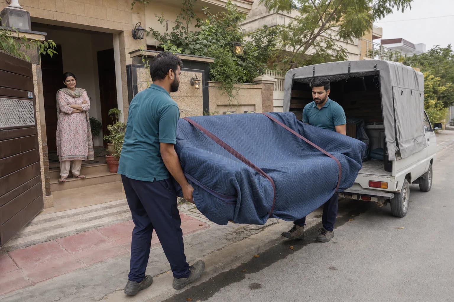 A pickup team carefully collecting a sofa from a local home