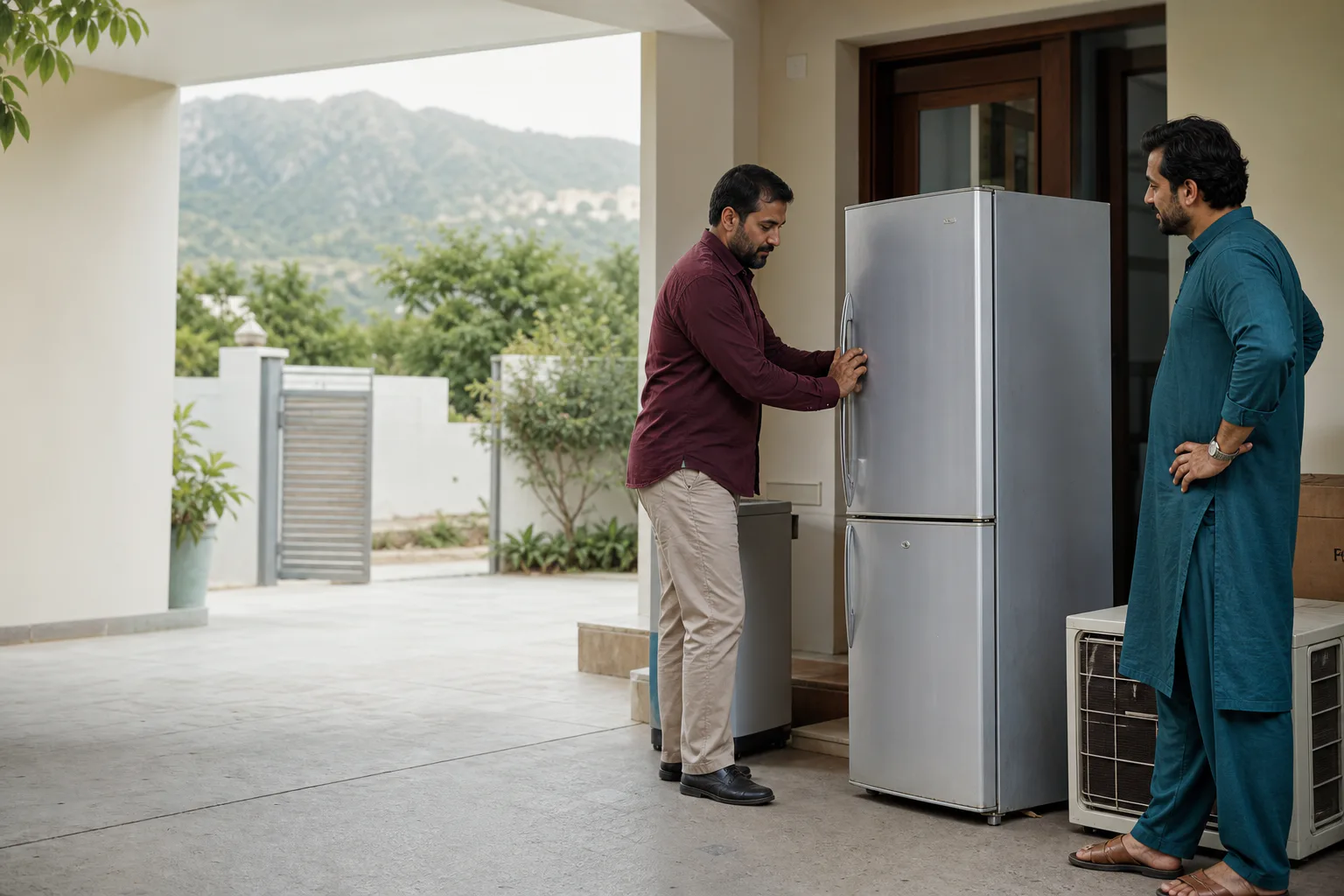 A local dealer inspecting a refrigerator at an Islamabad home