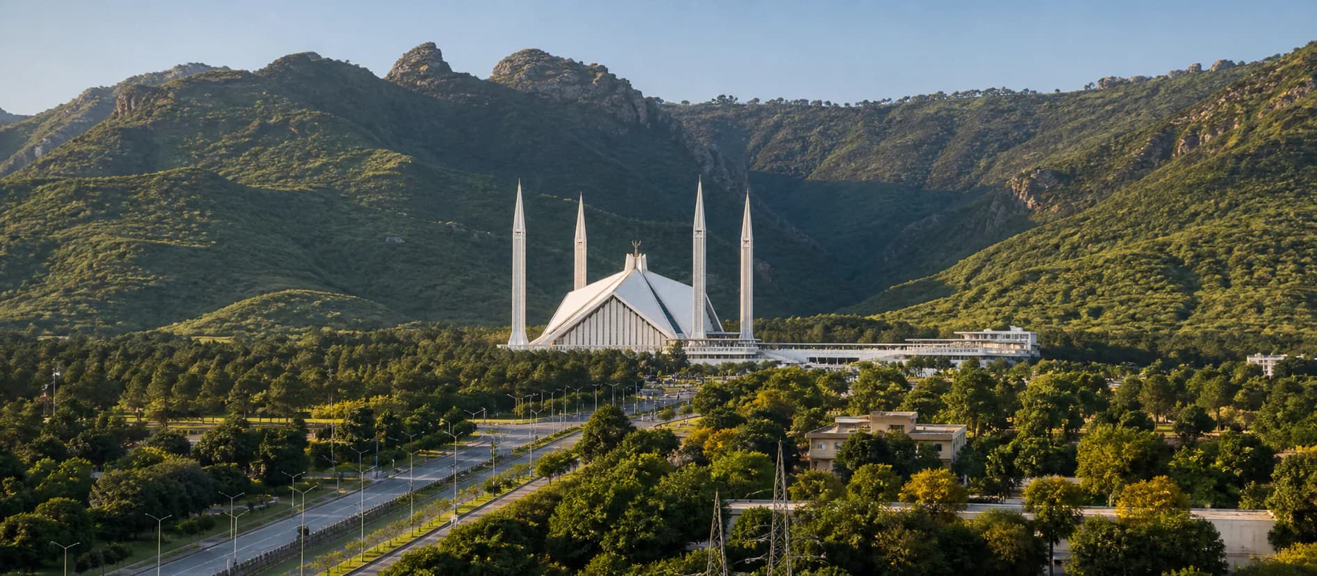 Faisal Mosque beneath the Margalla Hills in Islamabad