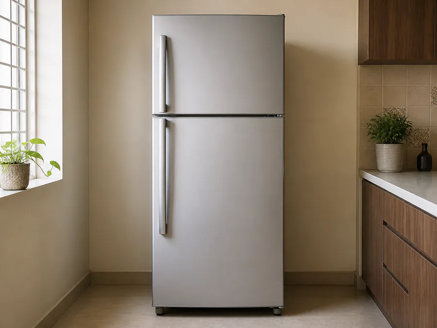 Silver double-door refrigerator in like-new condition