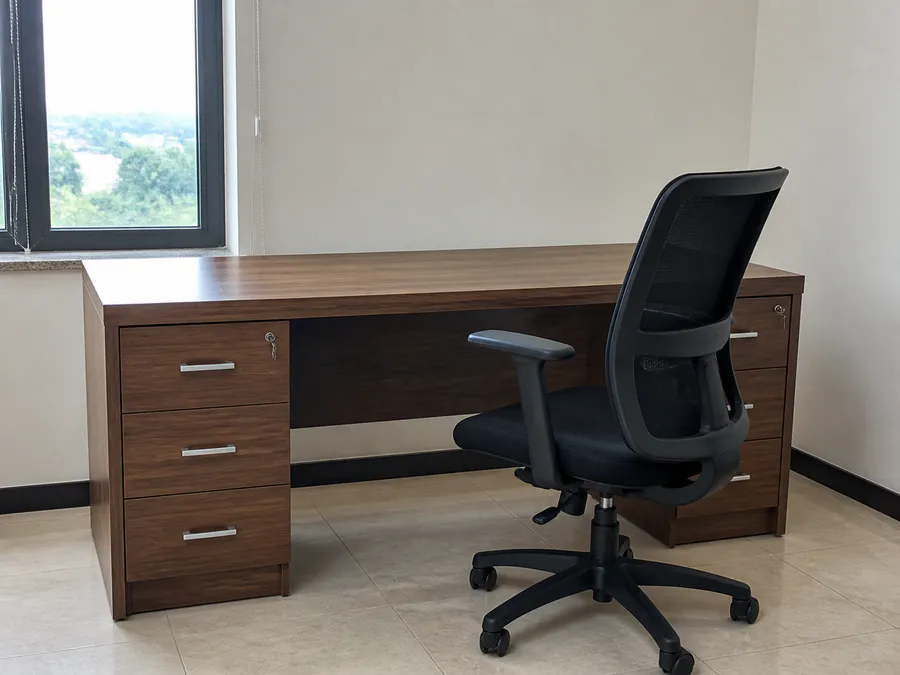 Walnut office desk and black ergonomic chair set