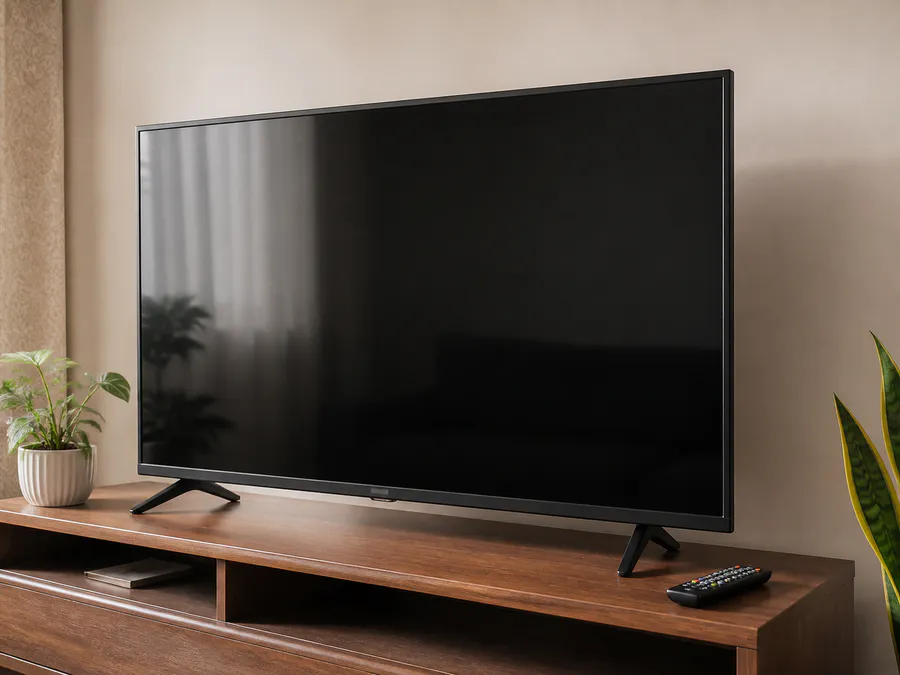 Black 43-inch smart LED television with remote